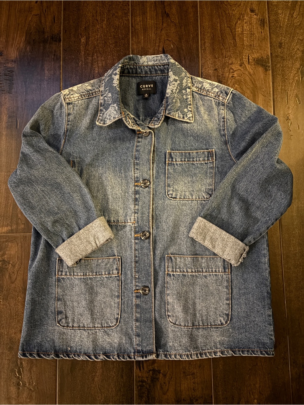 Curve Appeal Denim Utility Jacket | Floral Print Collar | Size Medium - Picture 6 of 7